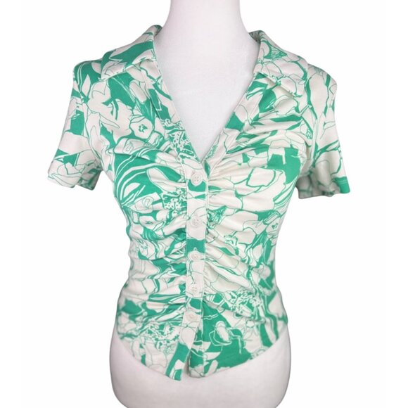 Anthropologie Maeve Ruched Floral Blouse Short Sleeve Womens Top X-Small - Picture 9 of 15